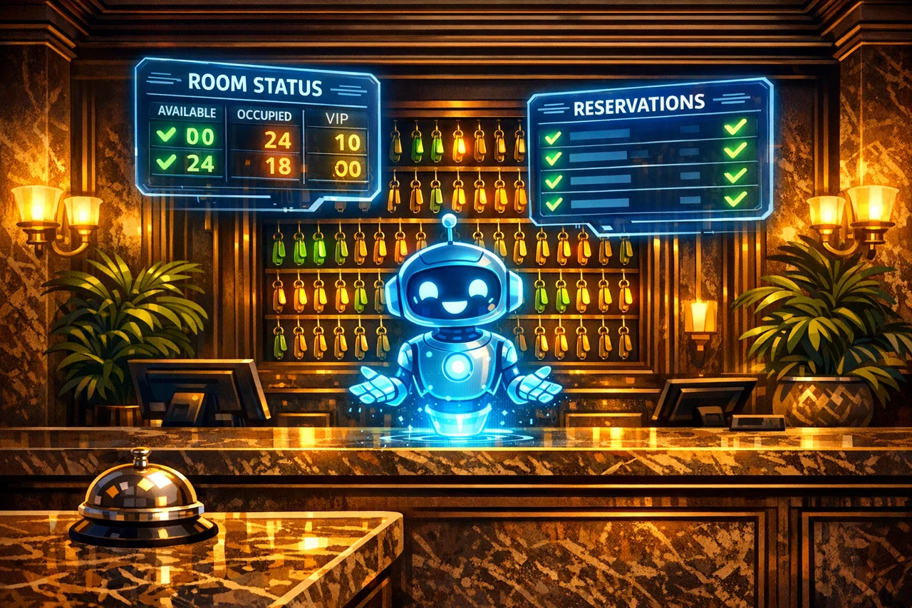 Hospitality — hotel lobbies, room puzzles, and guest chaos